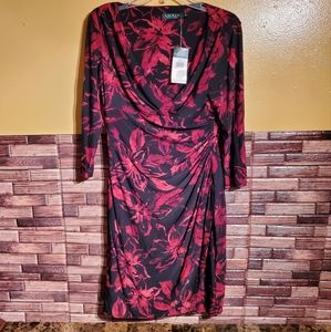 Lauren Ralph Lauren Red Dress Multicolored Faux Wrap Draped Ruched Size 8